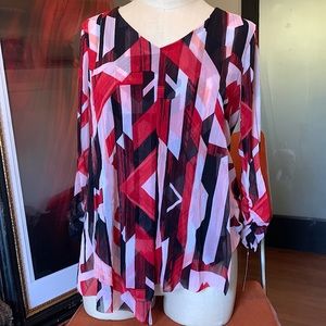NWT Alfani Petites Mesh Stretch Top w/ layered detail, overlay, ruched sleeves.